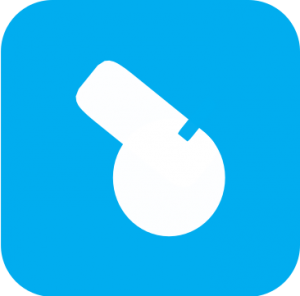 Icon showing a white referee's whistle on a light blue background.