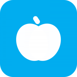 Icon showing a white cartoon of an apple on a light blue background.