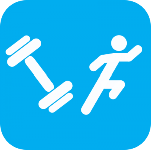 Icon showing white cartoons of a weight and a person running on a light blue background.