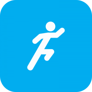 Icon showing a white cartoon of a person running on a light blue background.