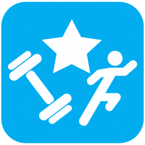 Icon showing white cartoons of a weight and a person running with a star above them on a light blue background.