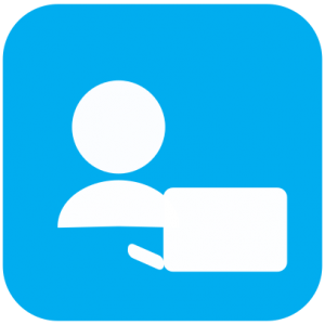 Icon showing white cartoon of a person sitting in front of a laptop on light blue background.