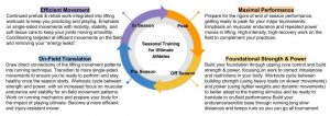 Image of Seasonal Training for Ultimate Athletes. Shows a circle made of four arrows feeding into each other. Information for Off-Season: Foundational Strength & Power Build your foundation through upping core control and build strength & power, focusing on work to correct imbalances and restrictions in your body. Workouts cycle between building strength (using heavy loads on slower movements) and power (using lighter weights and dynamic movements) to better adapt to the training stimulus and be ready to translate to on-field performance. Build your endurance/aerobic base through running long slow distances and tempo runs so you can go all tournament. Pre-Season: On-Field Translation Draw direct connections of the lifting movement patterns into running technique. Transition to more single-sided movements to ensure you’re ready to perform and stay healthy once the season starts. Workouts cycle between strength and power, with an increased focus on muscular endurance and stability for on-field movement patterns. Work on running mechanics and prepare your body for the impact of playing ultimate. Become a more efficient and injury-resistant mover. In-Season: Efficient Movement Continued prehab & rehab work integrated into lifting workouts to keep you practicing and playing. Emphasis on single-sided movements with mobility, stability, and soft tissue care to keep your joints moving smoothly. Conditioning targeted at efficient movements on the field and removing your “energy leaks”. Peak: Maximal Performance Prepare for the rigors of end of season performance, getting ready to peak for your major tournaments. Emphasis on muscular endurance and repeated power moves in lifting. High-intensity, high-recovery work on the field to complement your practices.