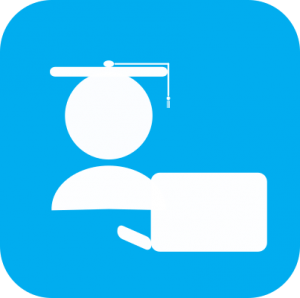 Icon showing white cartoon of a person with a graduation cap sitting in front of a laptop on light blue background.