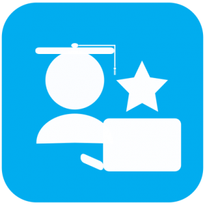 Icon showing white cartoon of a person with a graduation cap sitting in front of a laptop with a star next to them on light blue background.