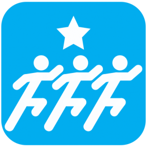 Icon showing white cartoons of three figures running with a start above them on light blue background.