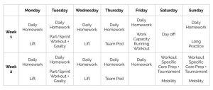 Image of in-season sample schedule for an experienced lifter. This schedule is described on this page.