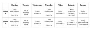 Image of in-season sample schedule for a new lifter. This schedule is described on this page.