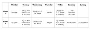 Image of sample schedule for a recreational ultimate player. This schedule is described on this page.