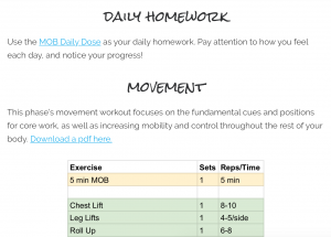 receive daily homework and a monthly rotating movement circuit