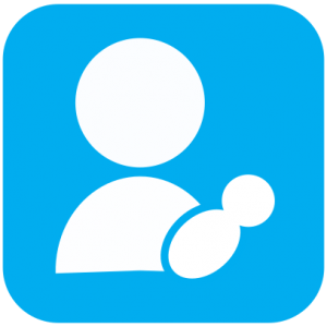 Icon showing a white cartoon of a person holding an infant on a light blue background.