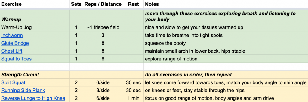 screenshot of a warm-up and strength circuit from one of our workouts