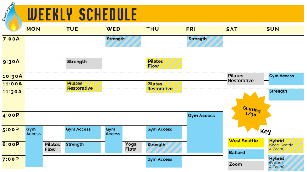 Image showing schedule updates taking effect January 30th. All changes are reflected in our Pike13 schedule, which can be read with a screen reader.