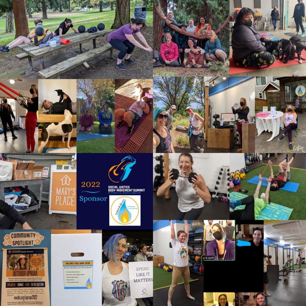 A collage photo with many different images from the past year with Strive & Uplift: everything from Puppy Yoga to Intentionalist events to people working out to outdoor classes to group coach photos and more!