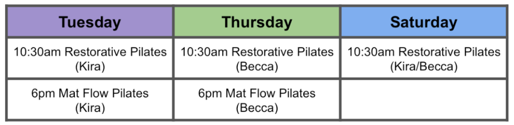 Opus Movement classes: Tuesday 10:30am Restorative Pilates, 6pm Mat Flow Pilates with Kira. Thursday 10:30am Restorative Pilates, 6pm Mat Flow Pilates with Becca. Saturday 10:30am Restorative Pilates with Kira or Becca.