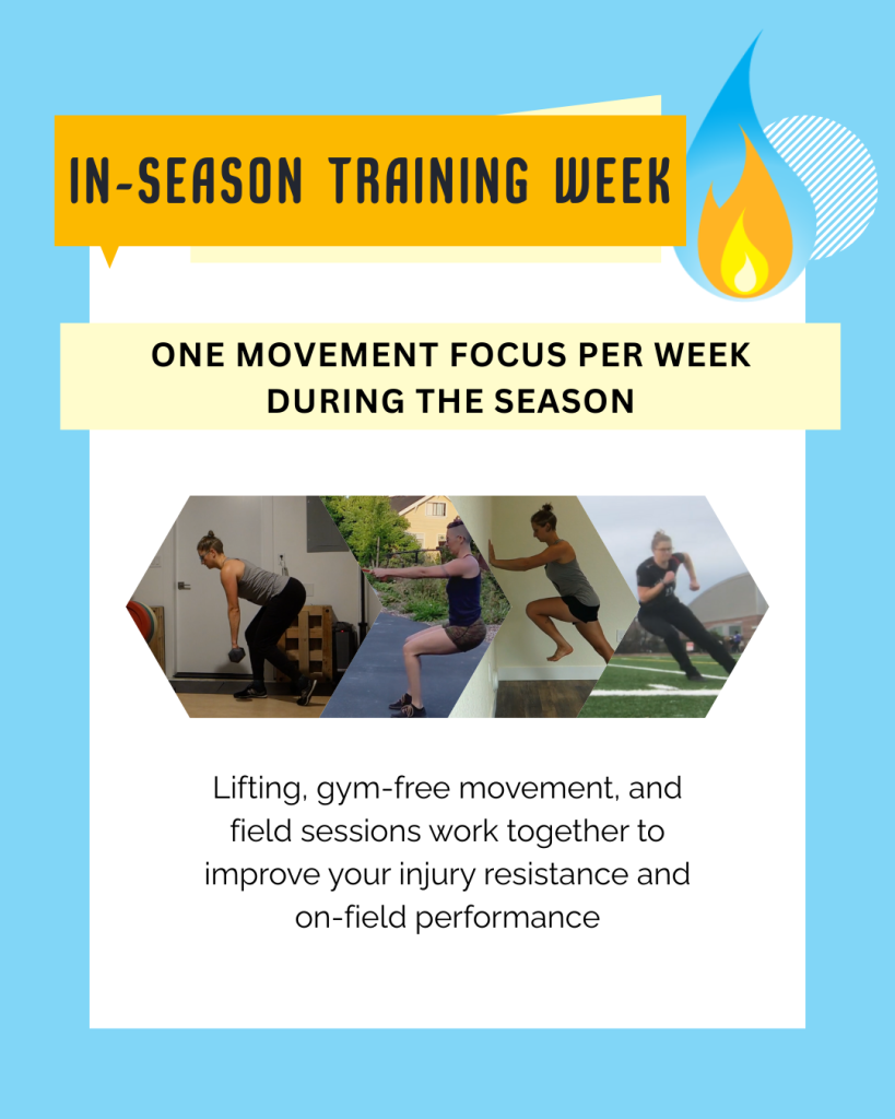 Graphic showing exercises from the week's workout showing the linkage between the exercises in the different workouts and on-field performance and injury resilience.